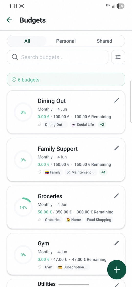 Pantalla de presupuestos de la app Kasha