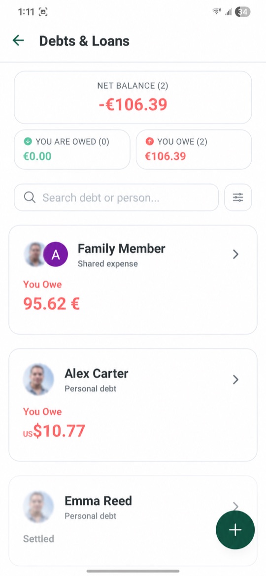 Pantalla de deudas y préstamos de la app Kasha