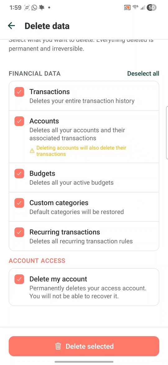 Pantalla Delete data con todos los ítems seleccionados incluyendo Delete my account