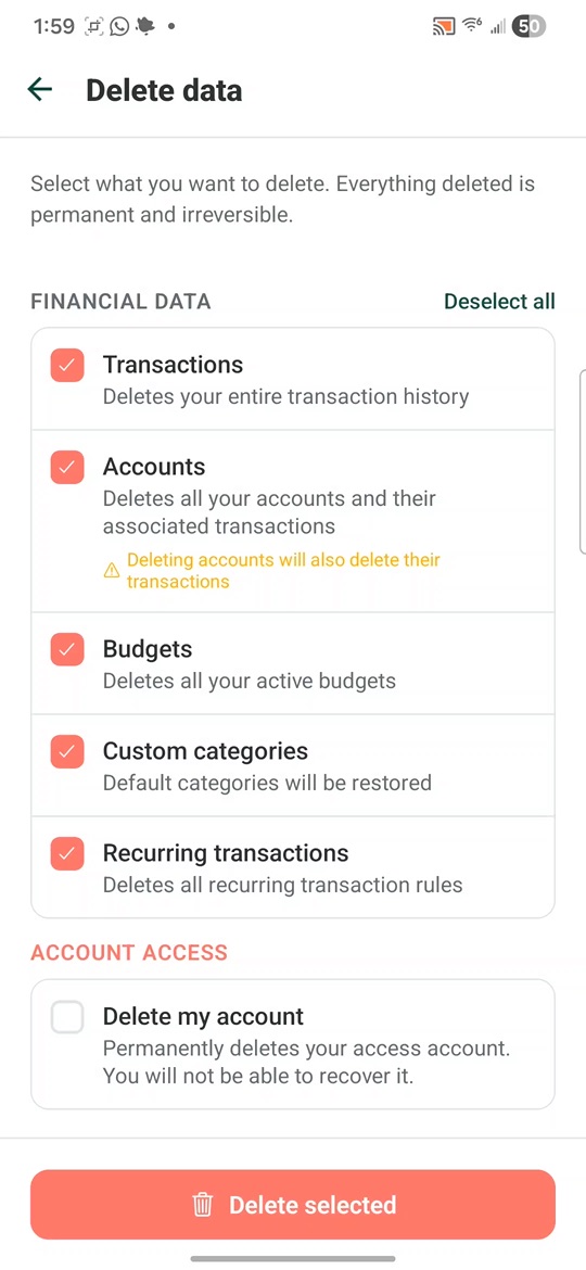 Pantalla Delete data con datos financieros seleccionados y cuenta sin marcar