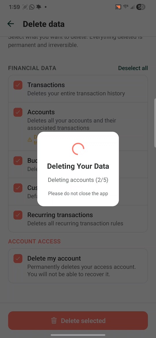 Diálogo de eliminación en progreso mostrando el avance