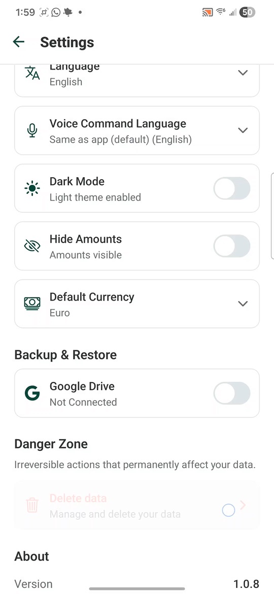 Pantalla de Configuración de Kasha mostrando la sección Danger Zone con la opción Delete data